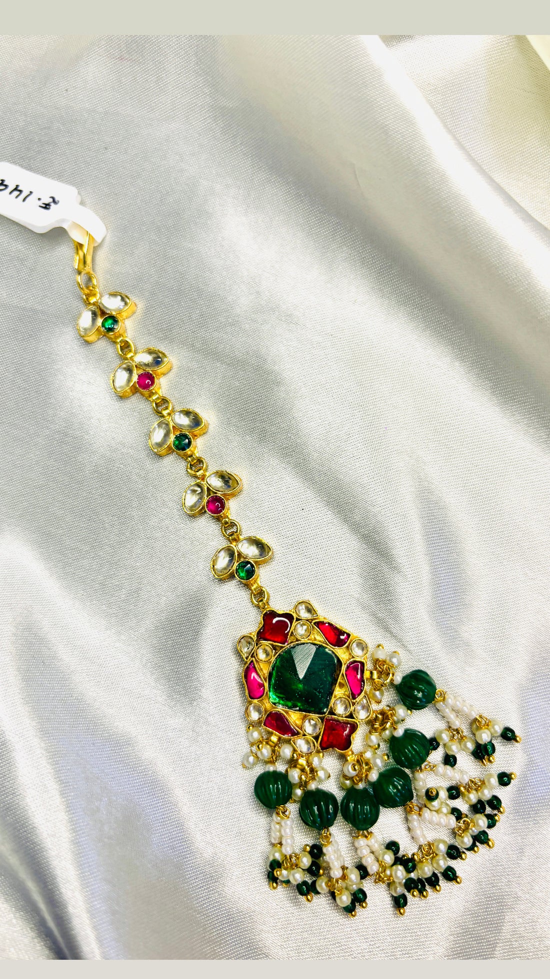 Bridal Green Pumpkin Beads Pachi Kundan Maangtikka - Jewels by Meena