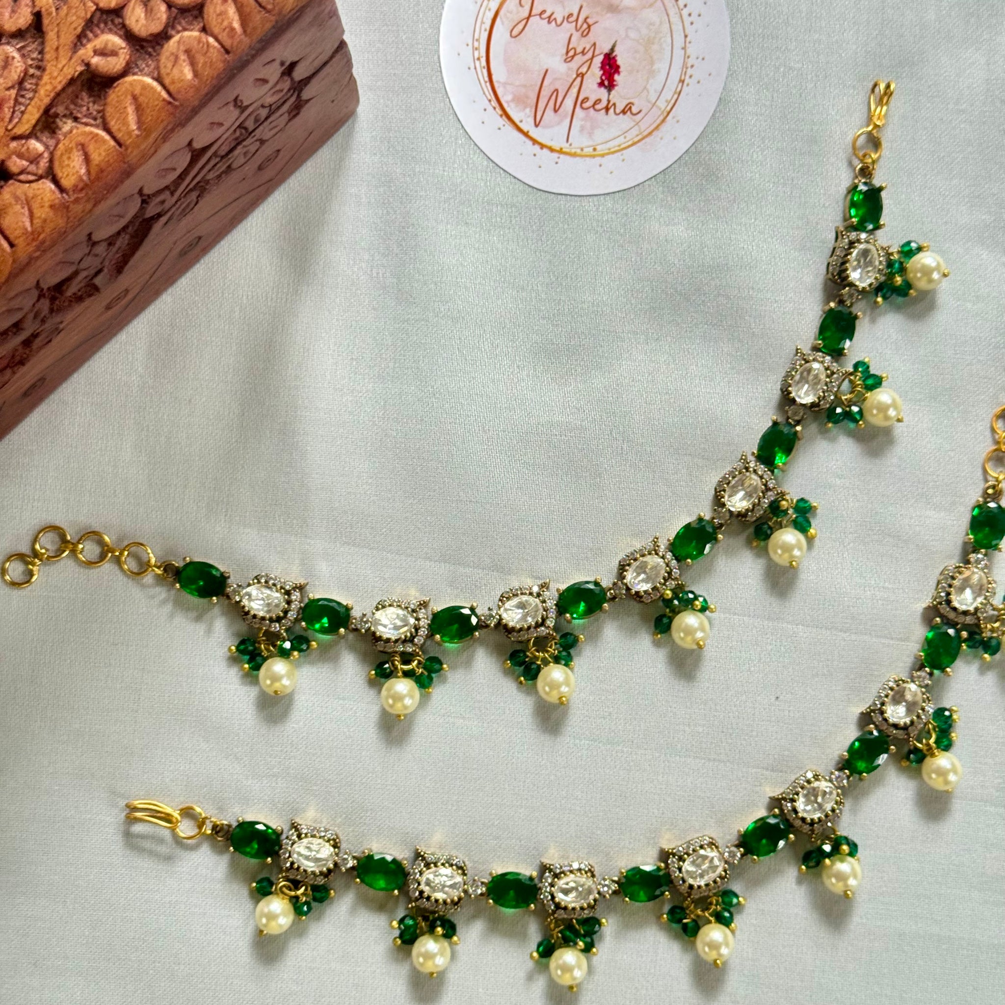 Elegant Victorian Earchain with Pearl Drops Green