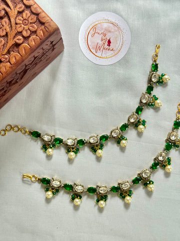 Elegant Victorian Earchain with Pearl Drops Green
