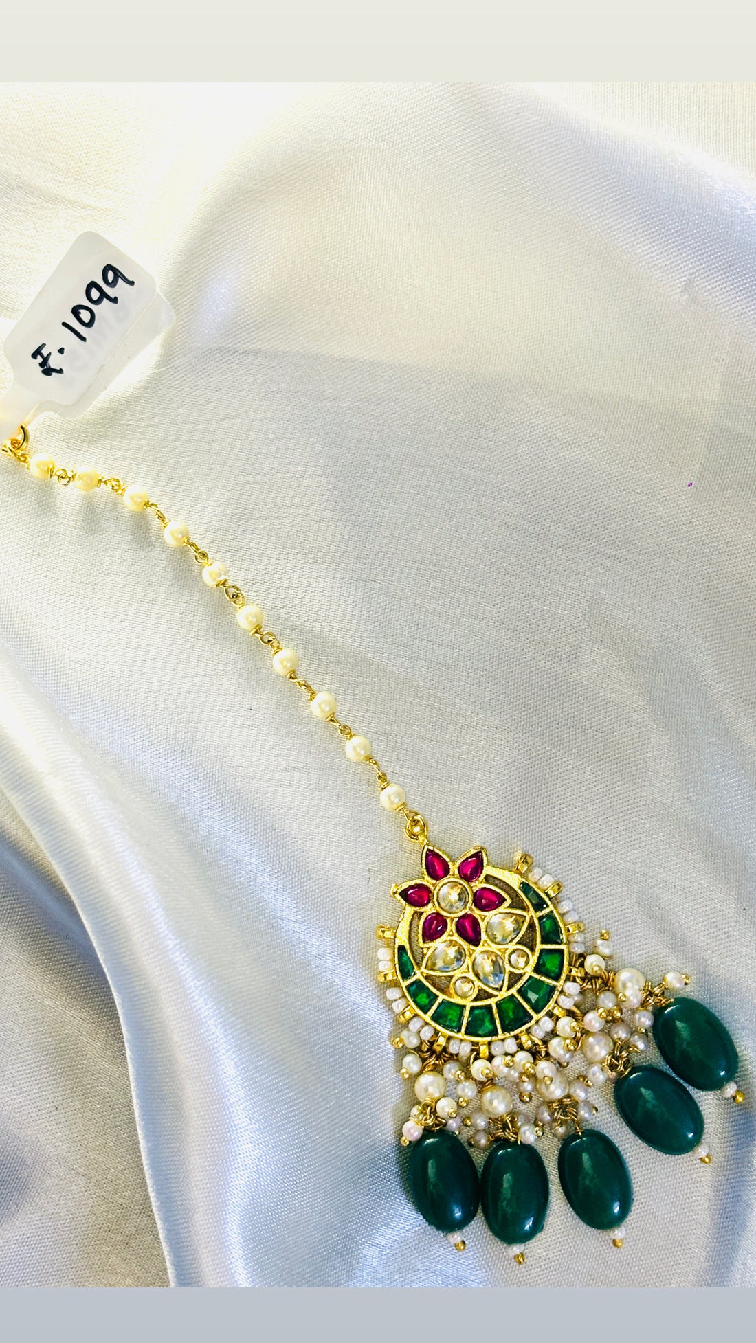 Moon Flower Bridesmaid Green Beads Pachi Kundan Maangtikka - Jewels by Meena