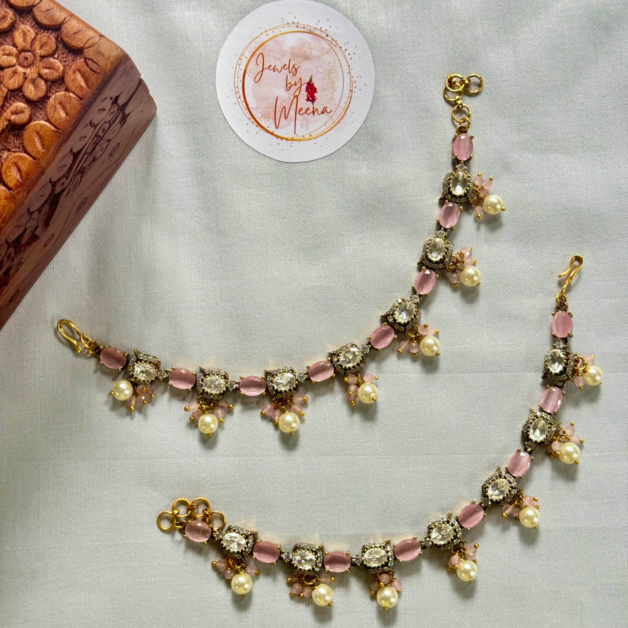 Elegant Victorian Earchain with Pearl Drops Pink