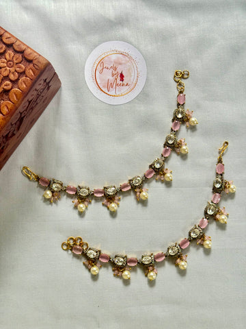 Elegant Victorian Earchain with Pearl Drops Pink