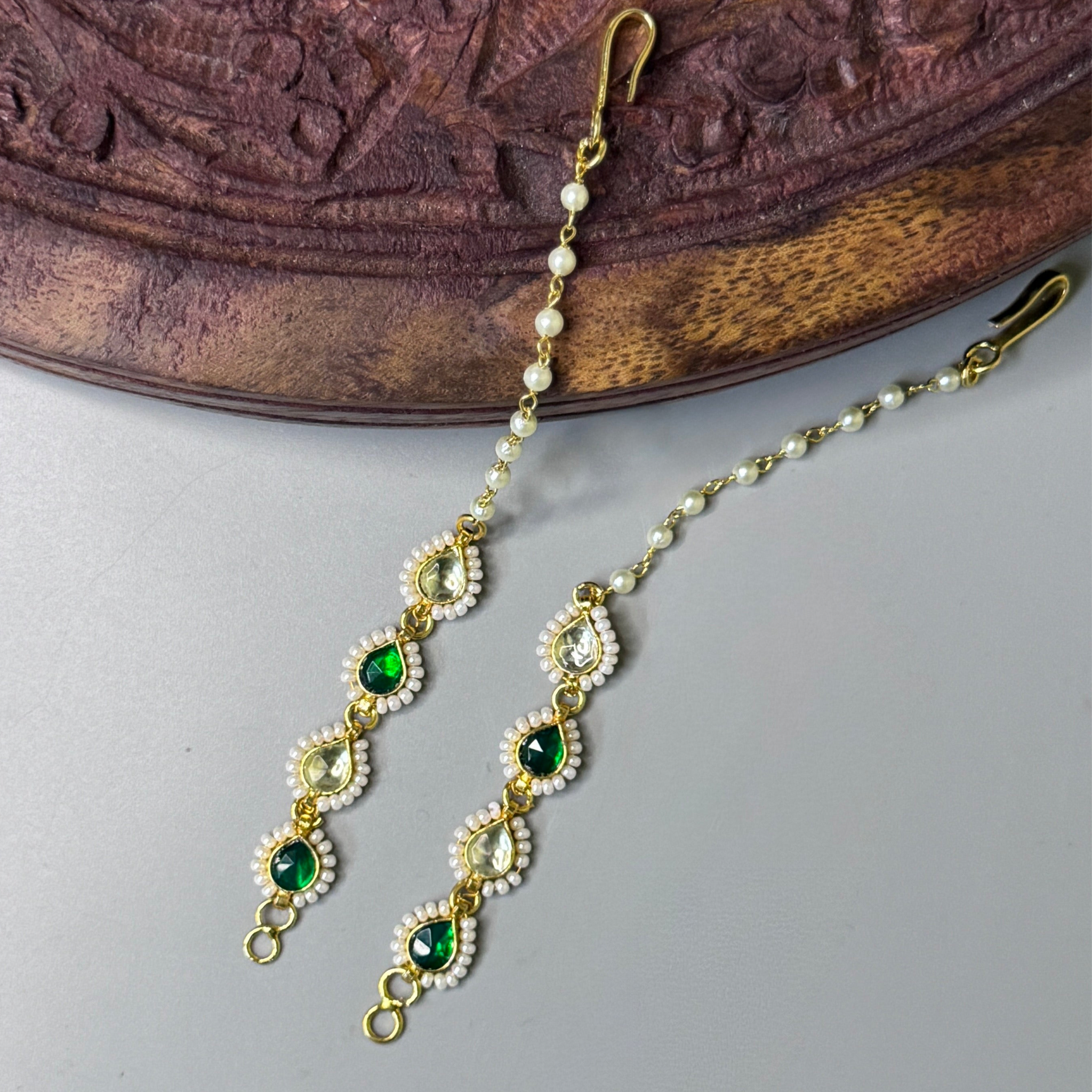 Pachi Kundan Water Drop Ear Chain with Green Stones & 18K Gold Plating