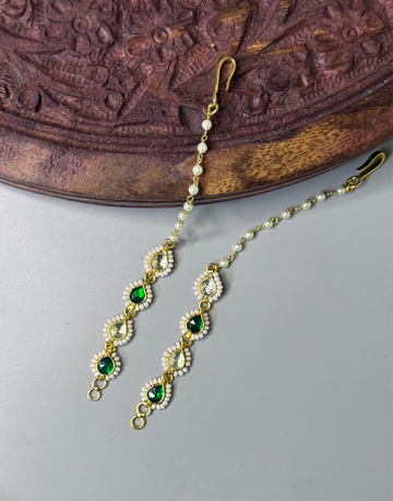 Pachi Kundan Water Drop Ear Chain with Green Stones & 18K Gold Plating