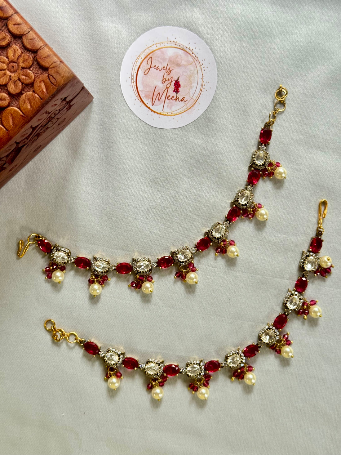 Elegant Victorian Earchain with Pearl Drops Red