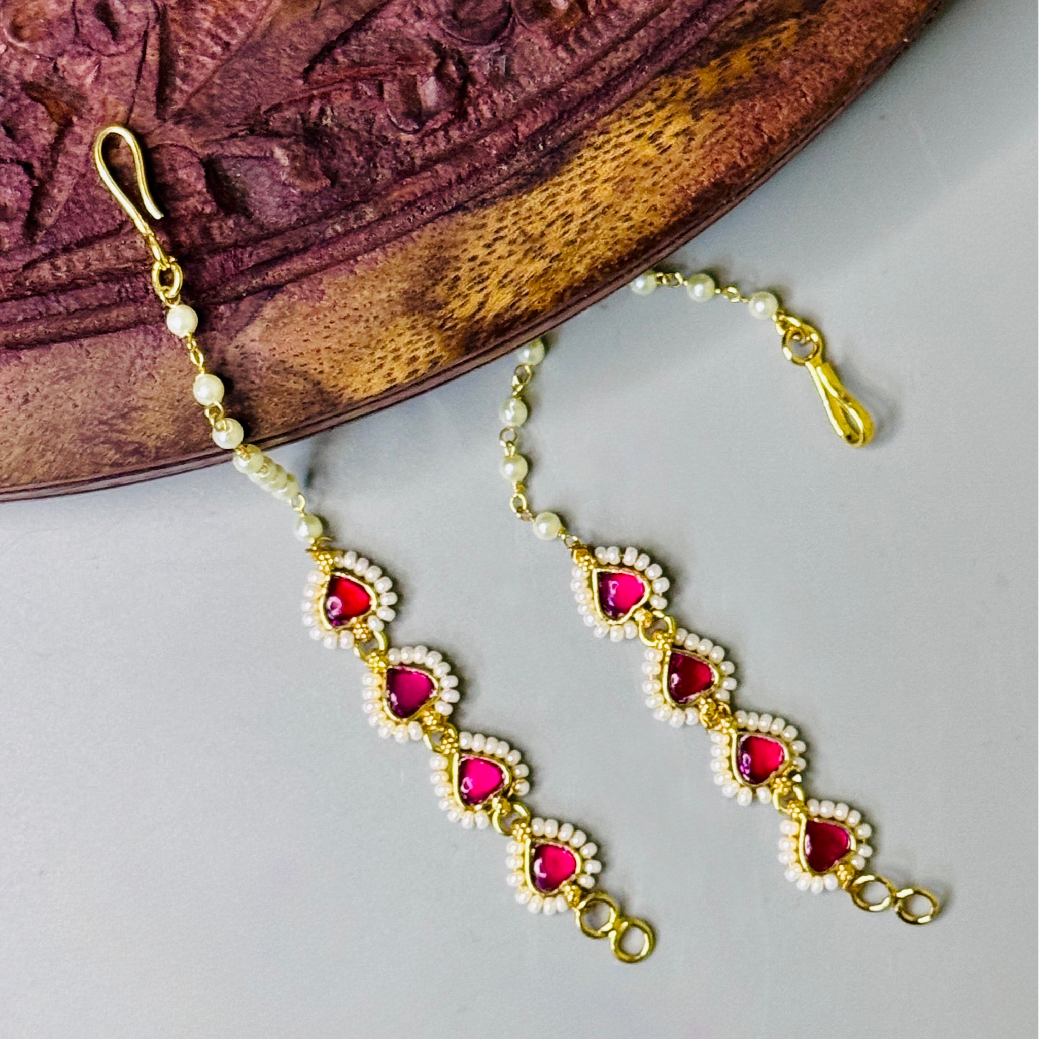 Royal Pachi Kundan Ear Chain with Lustrous Red Water Drop Stones & 18K Gold Plating