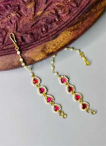 Royal Pachi Kundan Ear Chain with Lustrous Red Water Drop Stones & 18K Gold Plating