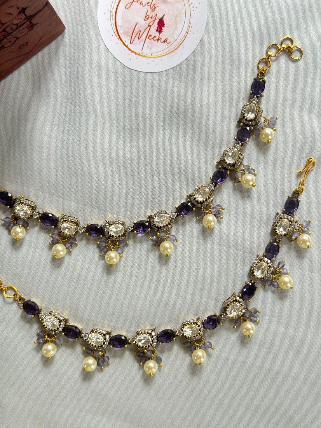 Elegant Victorian Earchain with Pearl Drops Purple