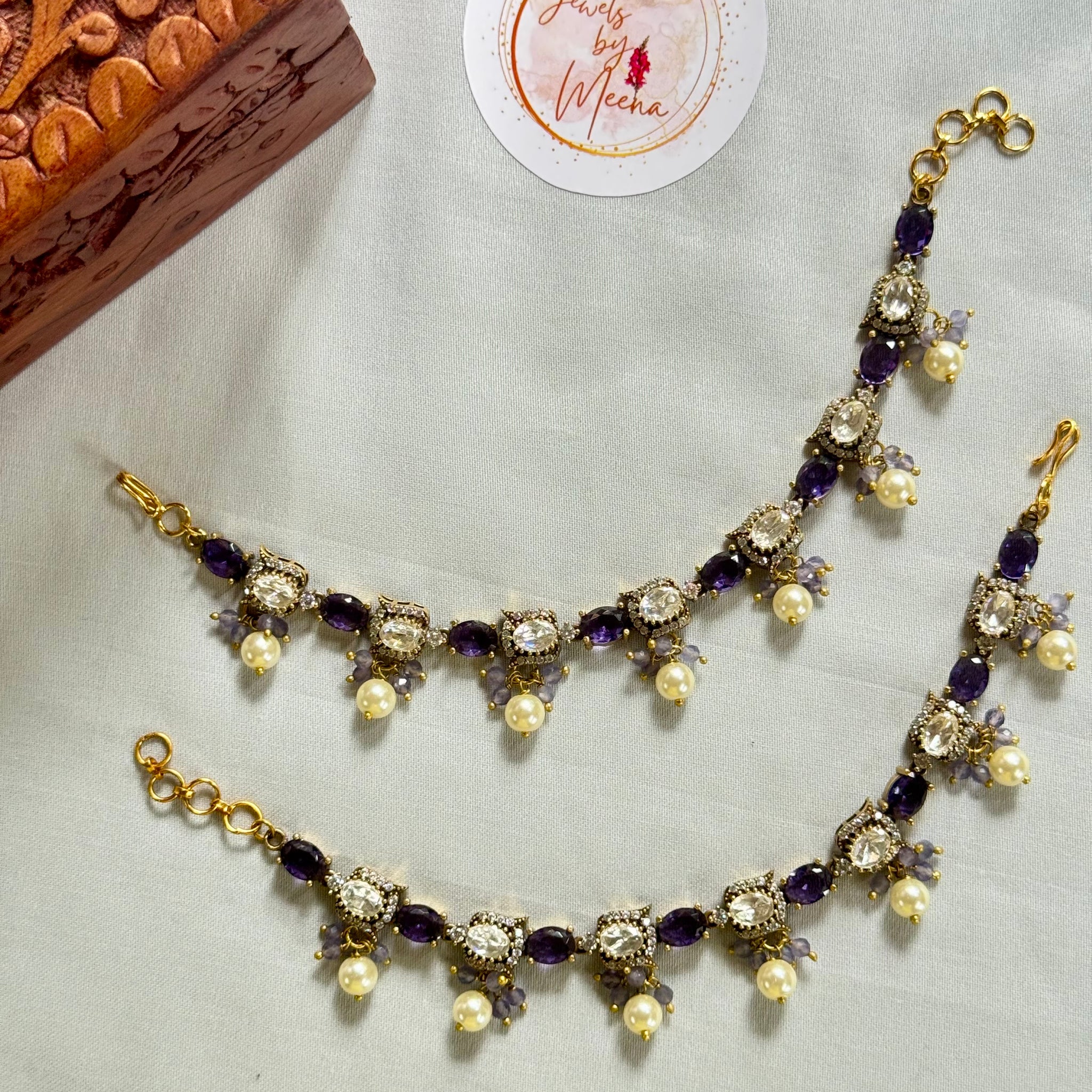 Elegant Victorian Earchain with Pearl Drops Purple