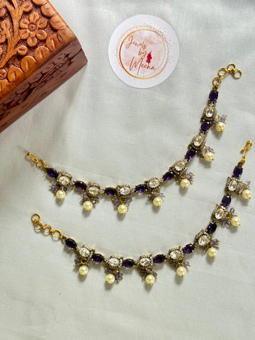 Elegant Victorian Earchain with Pearl Drops Purple