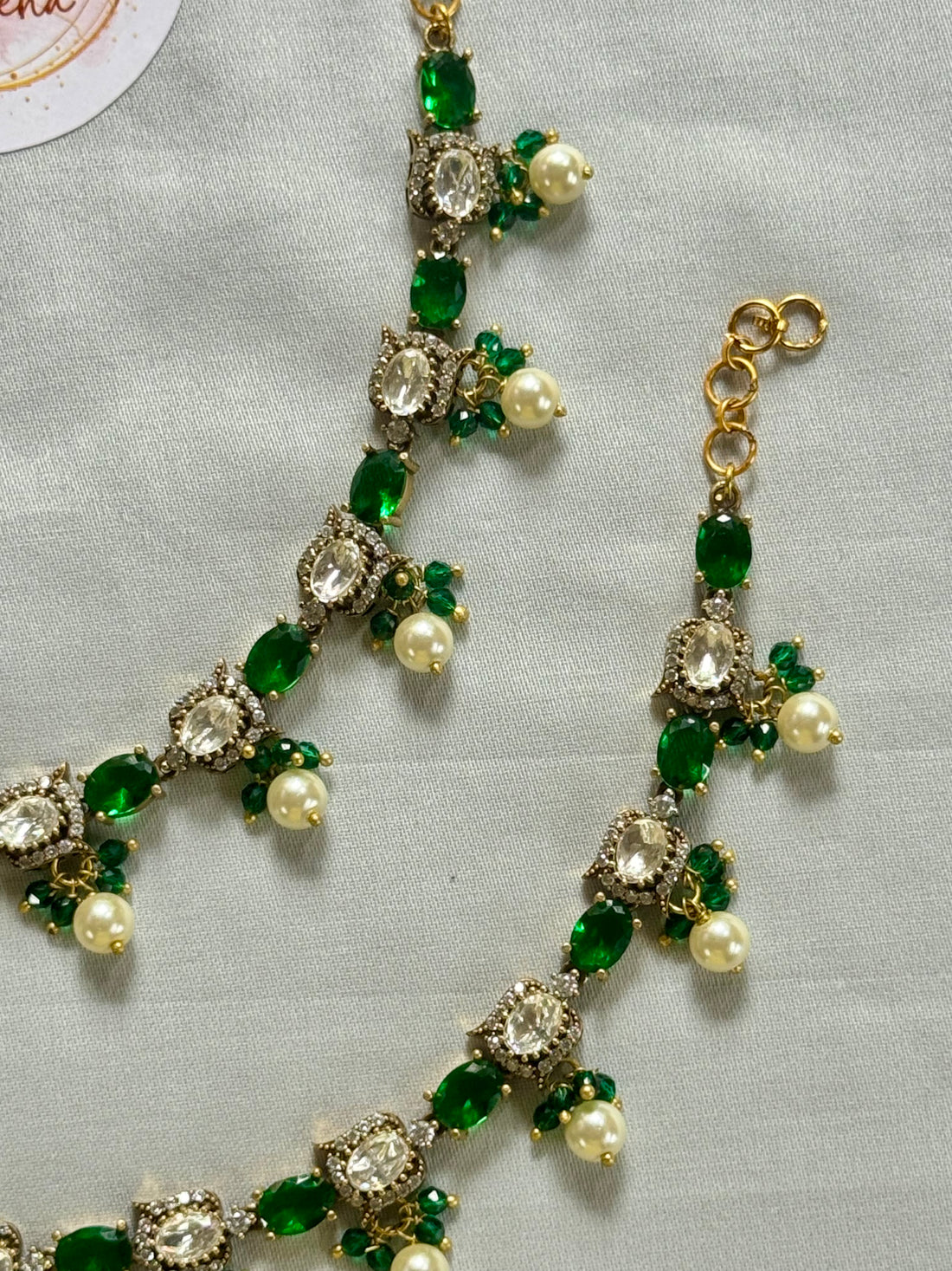 Elegant Victorian Earchain with Pearl Drops Green