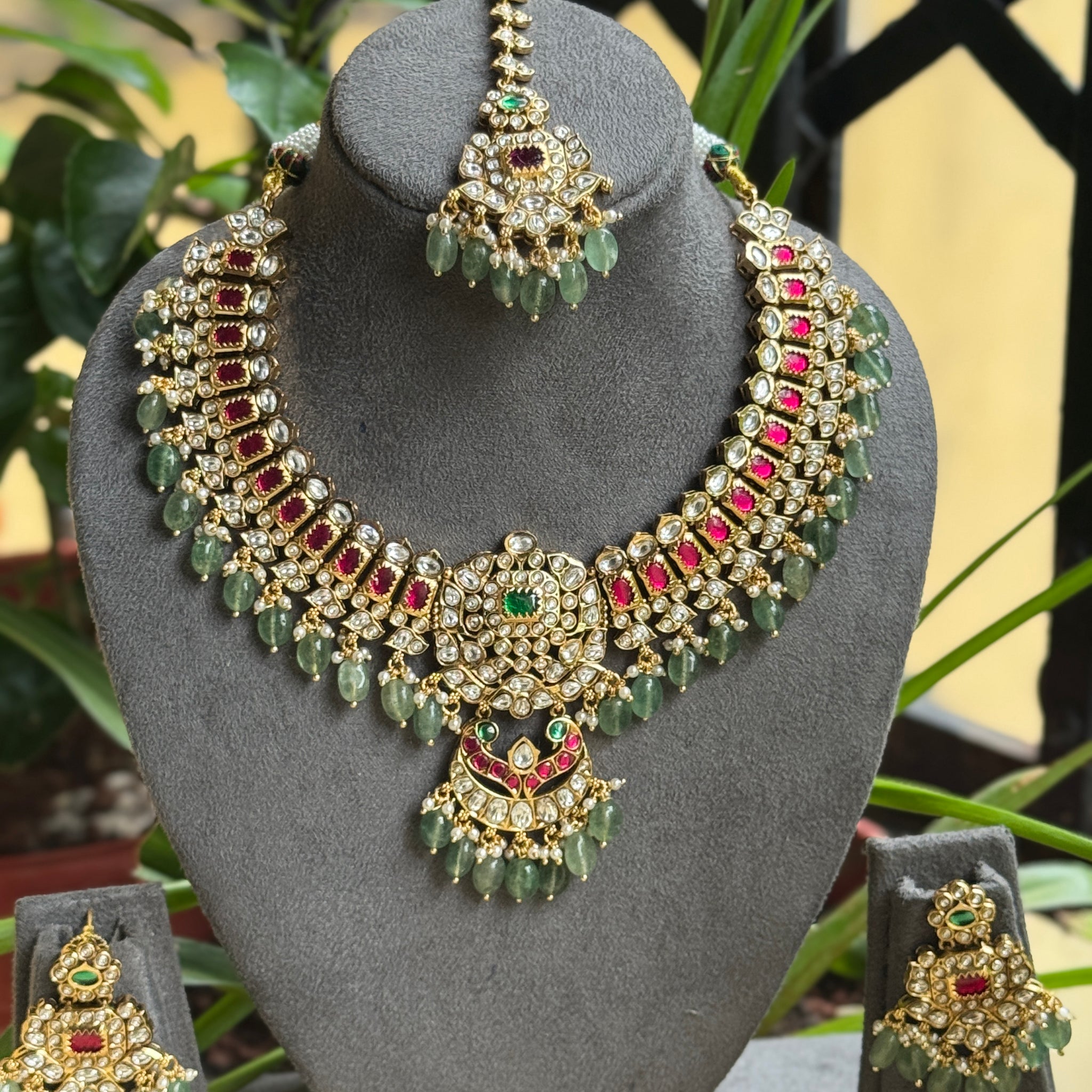 Jadau Bridal Necklace with strawberry beads - Combo with Earrings and Tikka
