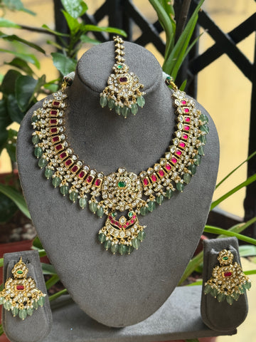 Jadau Bridal Necklace with strawberry beads - Combo with Earrings and Tikka