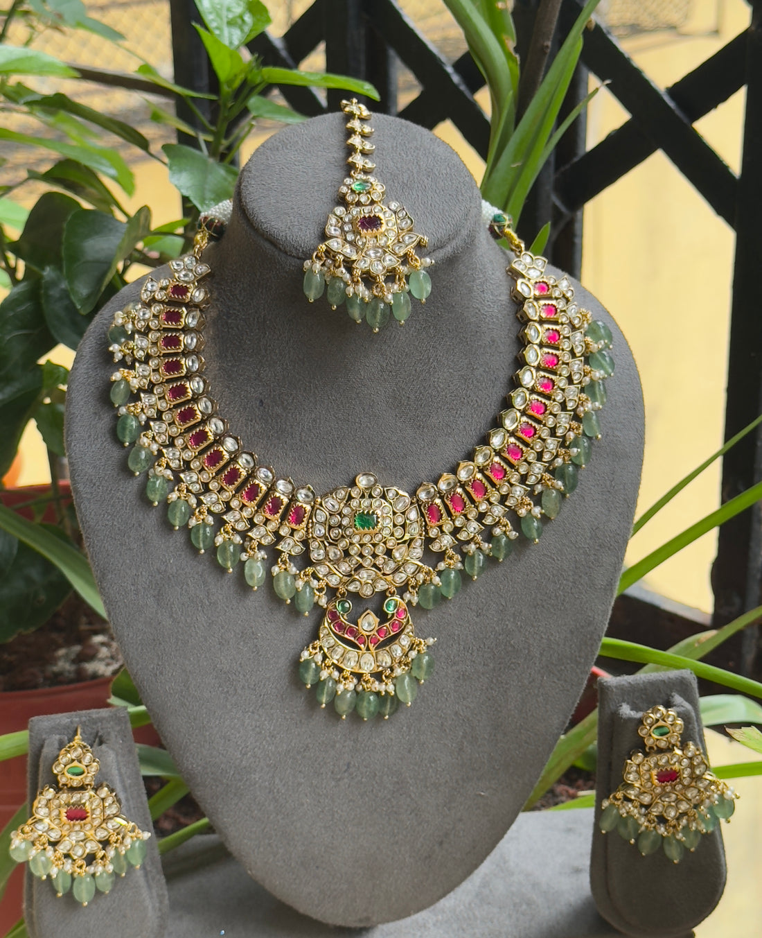 Jadau Bridal Necklace with strawberry beads - Combo with Earrings and Tikka