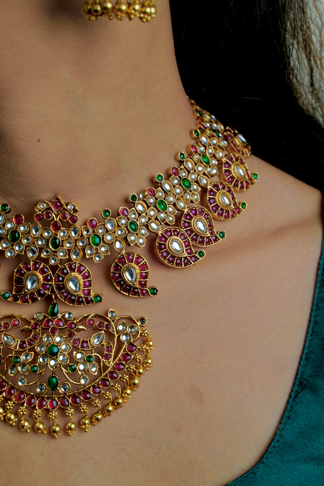 Bridal Antique Kemp Necklace with Multicolor Stones & Leaf with Jhumka