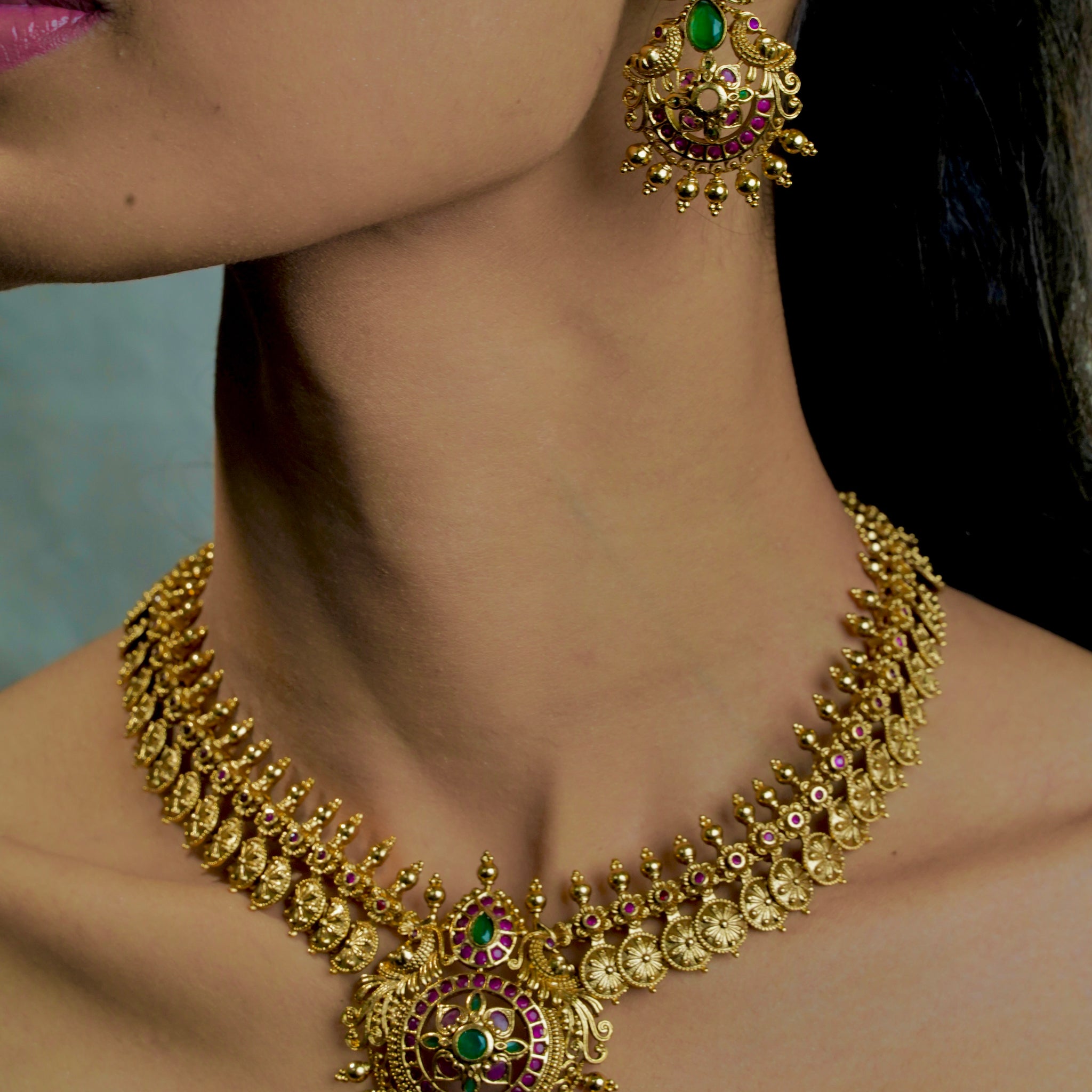 Majestic Heritage Long Necklace with Coins, Flowers & Peacocks