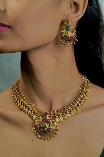 Majestic Heritage Long Necklace with Coins, Flowers & Peacocks