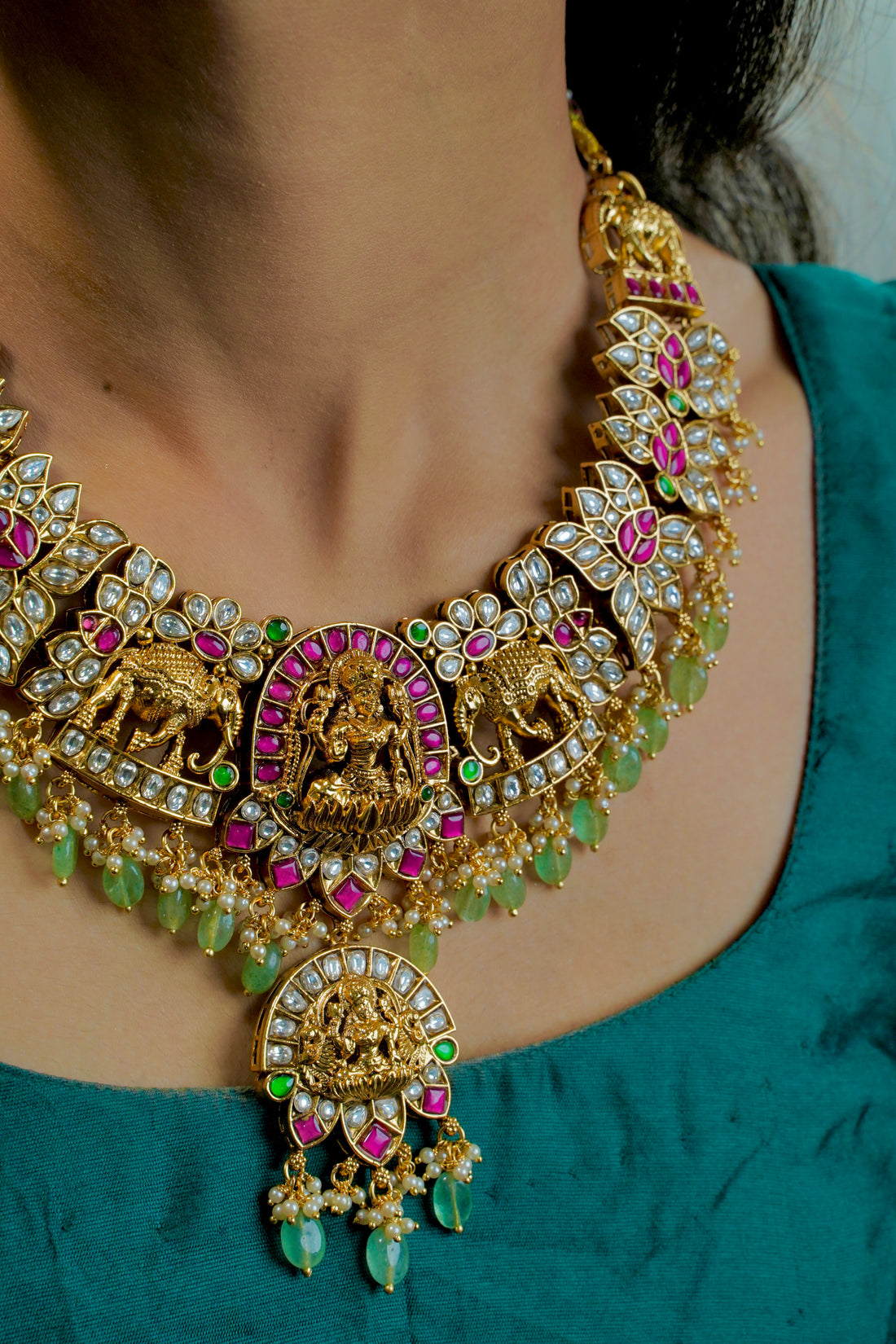 Divine Heritage Antique Necklace with Lakshmi, Floral & Elephant Motifs