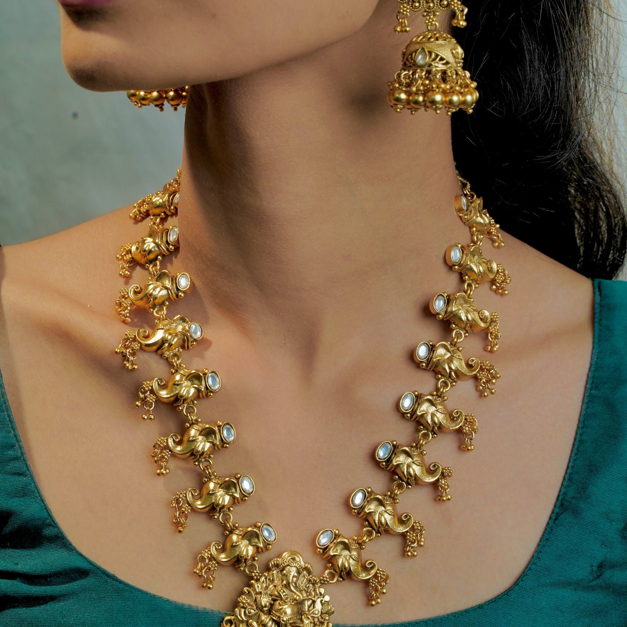 Ganesha Antique Haaram with Sparkling Crystal Necklace