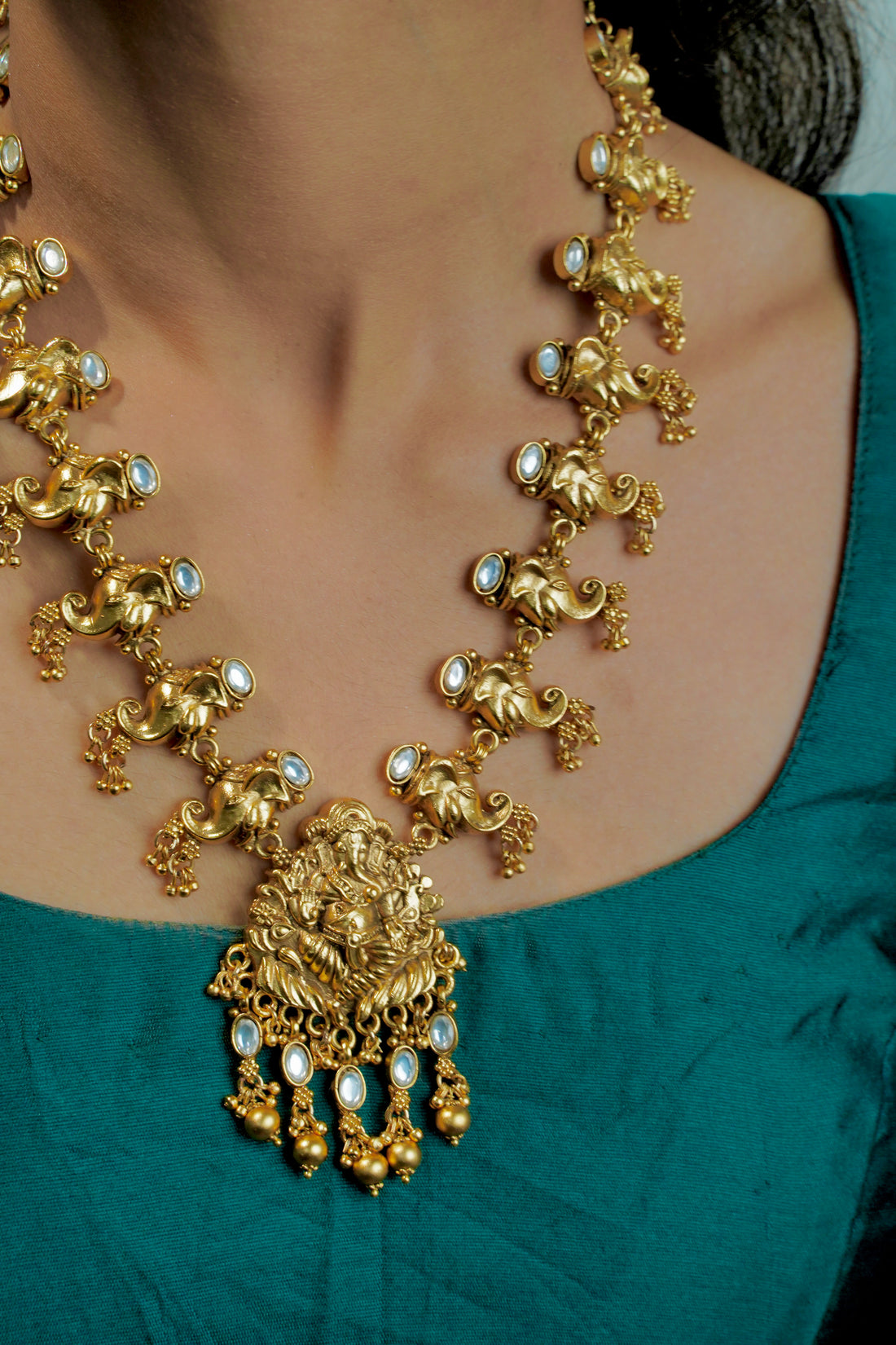 Ganesha Antique Haaram with Sparkling Crystal Necklace