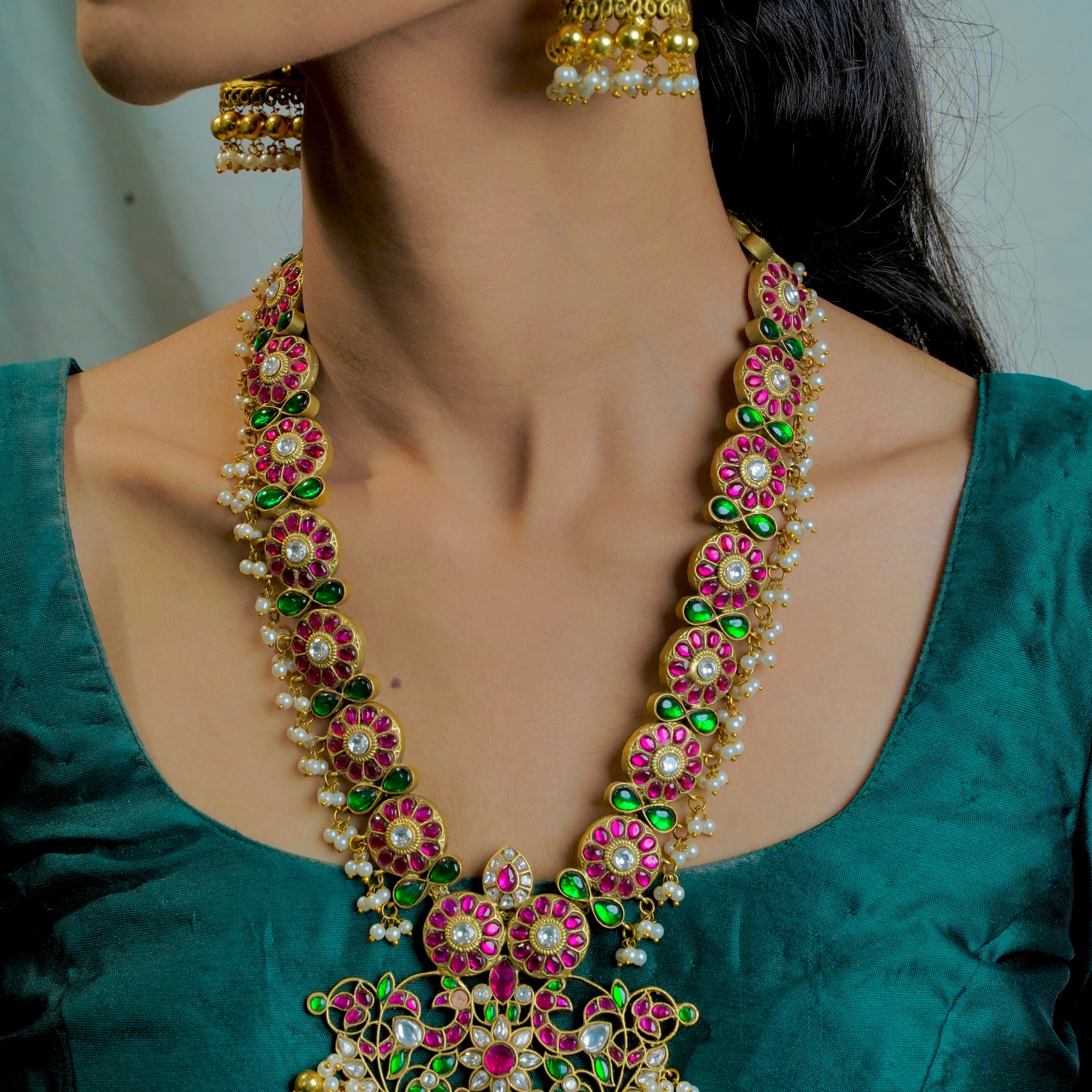 Exquisite Jadau Necklace with Floral and Leaves Design in (18K Gold Plated) - Jewels by Meena