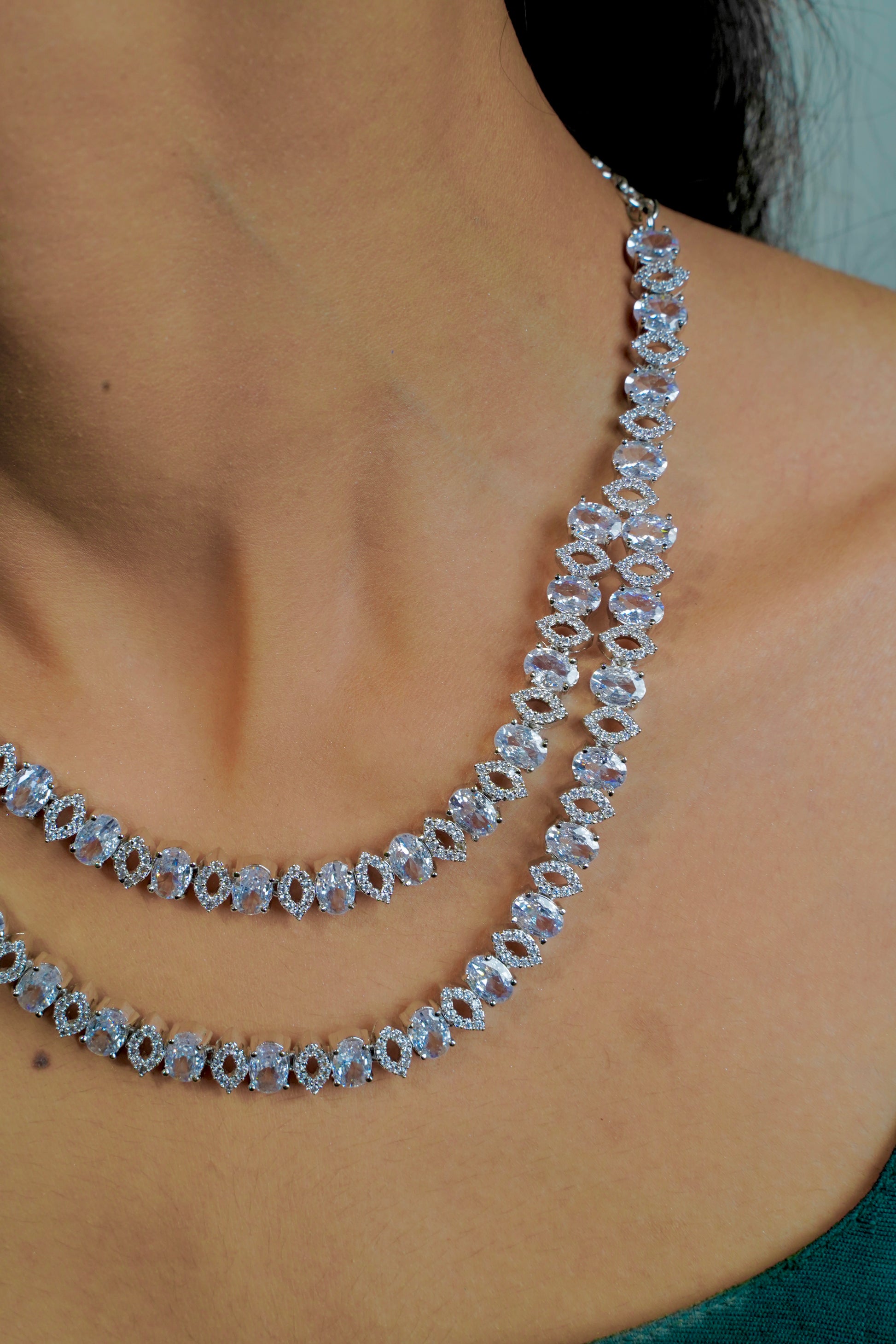 "Two-Layer AD Necklace with Crystal Stones for a Graceful Look" - Jewels by Meena