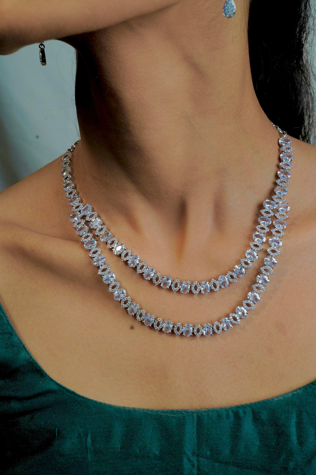 "Two-Layer AD Necklace with Crystal Stones for a Graceful Look" - Jewels by Meena