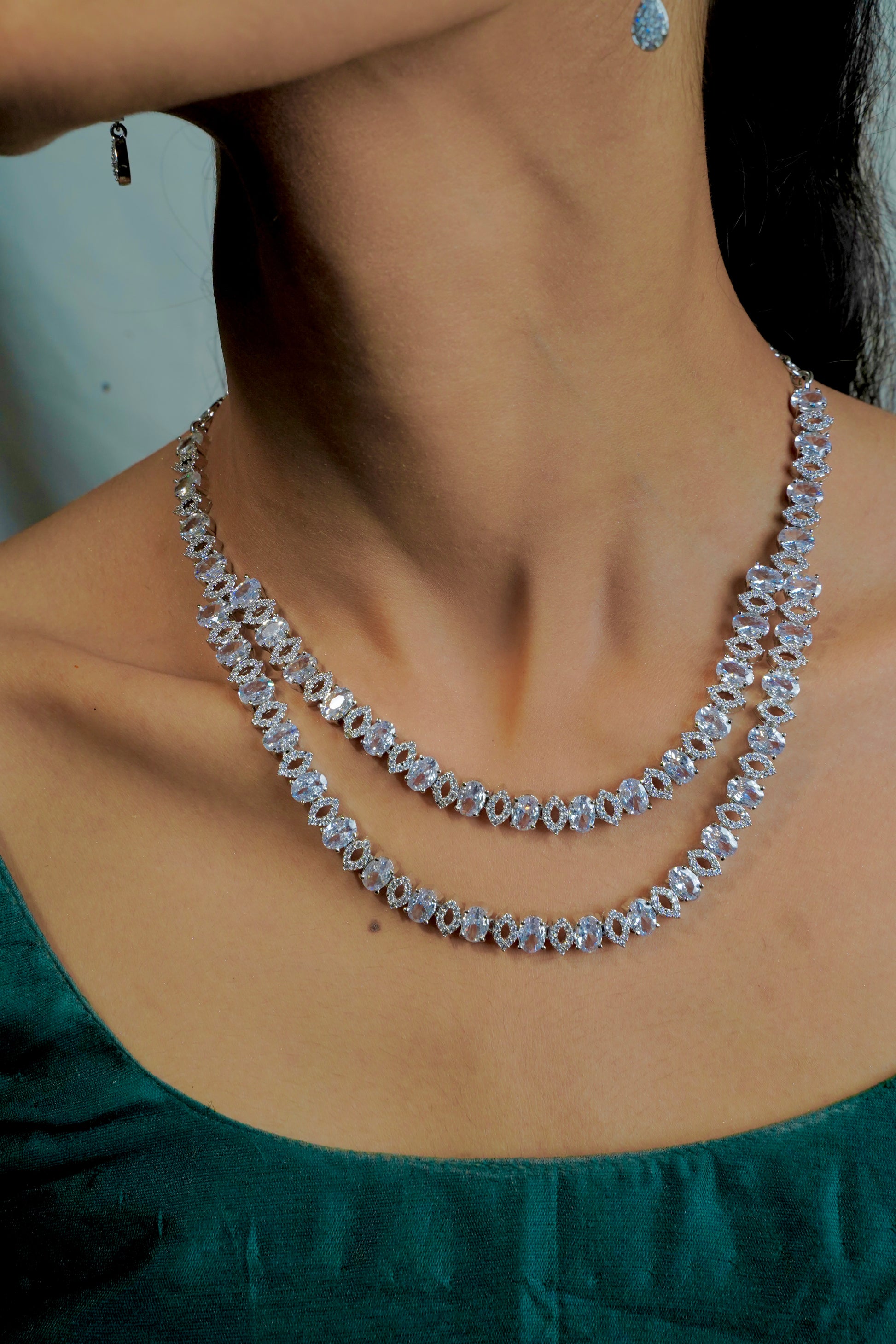 "Two-Layer AD Necklace with Crystal Stones for a Graceful Look" - Jewels by Meena