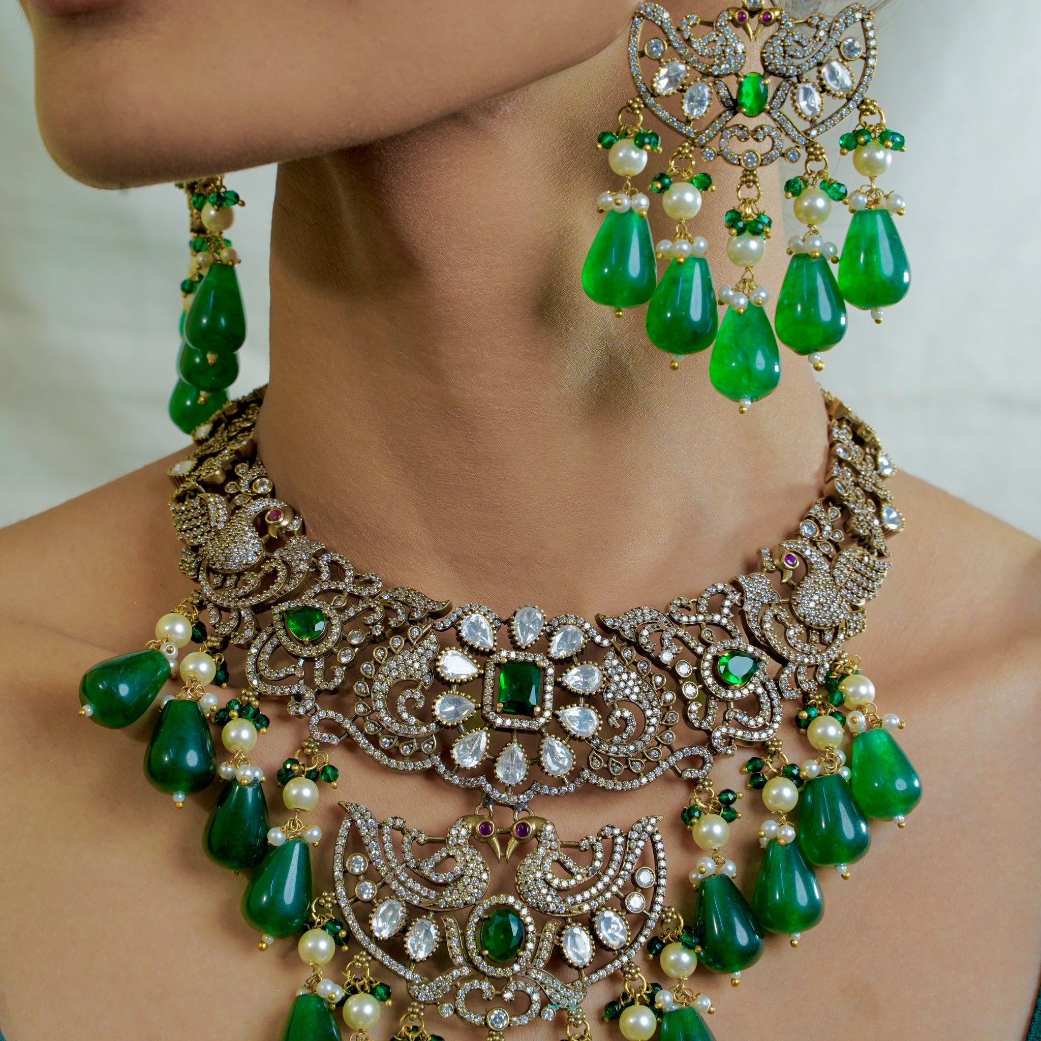 Victorian Peacock Necklace with Crystal Finish & Green Stone Accents