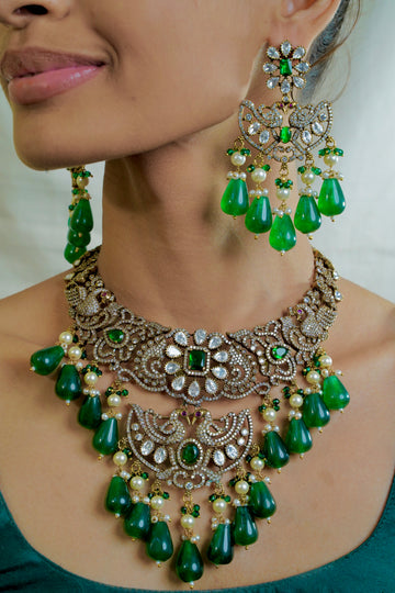 Victorian Peacock Necklace with Crystal Finish & Green Stone Accents