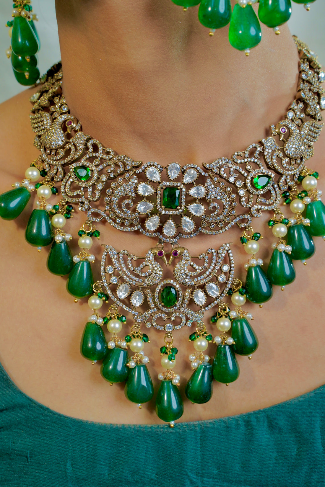 Victorian Peacock Necklace with Crystal Finish & Green Stone Accents