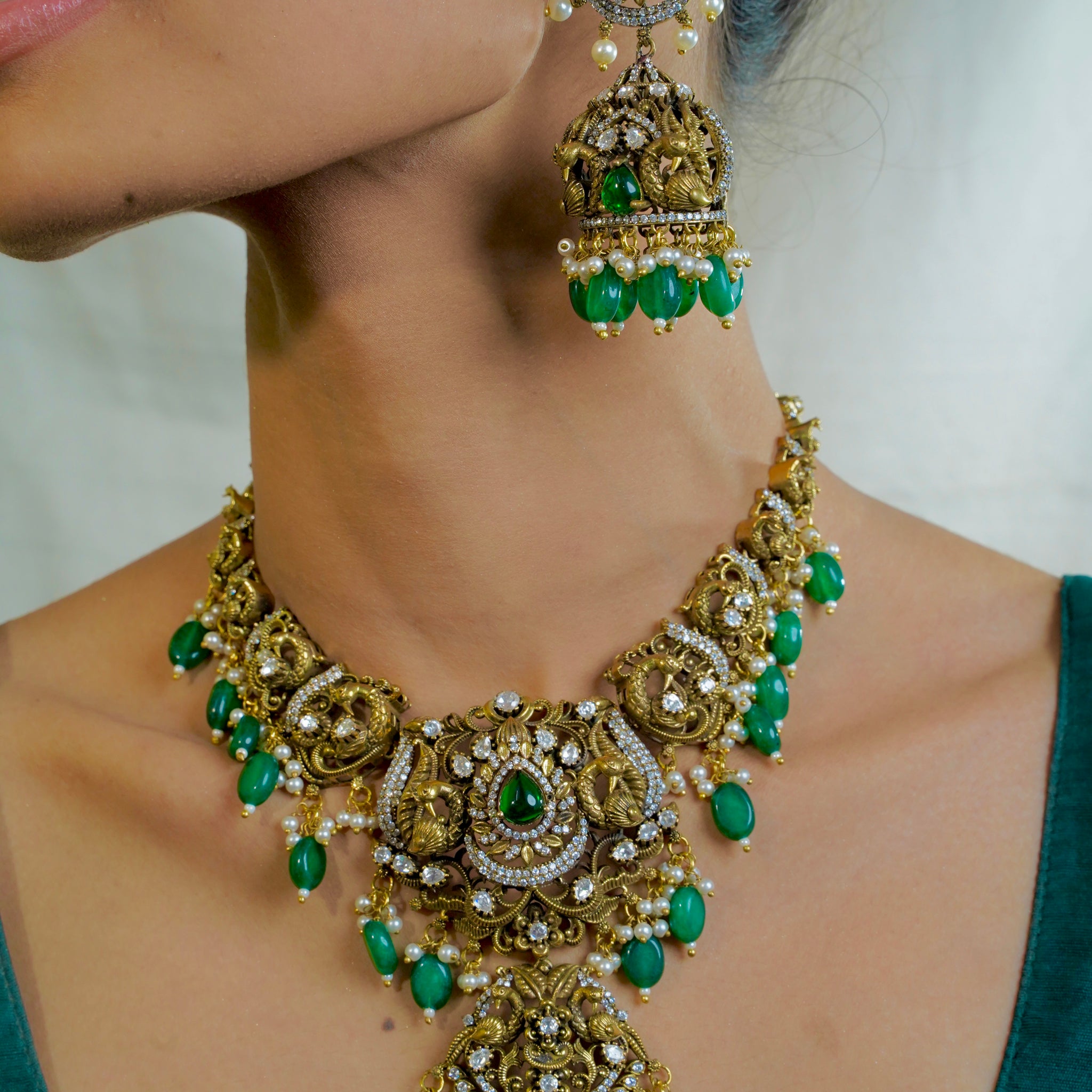 Victorian Peacock Necklace with Crystal Detailing & Green Beads
