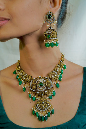 Victorian Peacock Necklace with Crystal Detailing & Green Beads