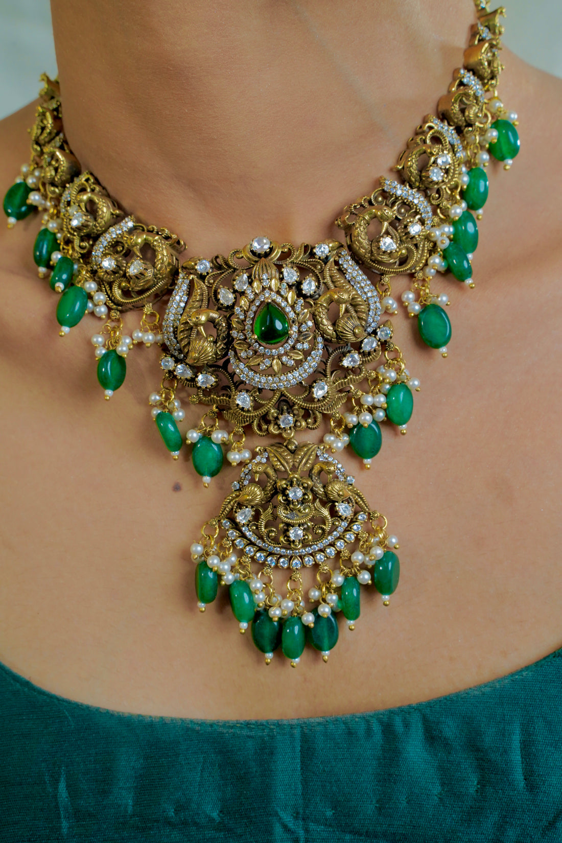 Victorian Peacock Necklace with Crystal Detailing & Green Beads