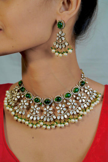 Blossom Elegance: Victorian Necklace with Green Stones & White Beads