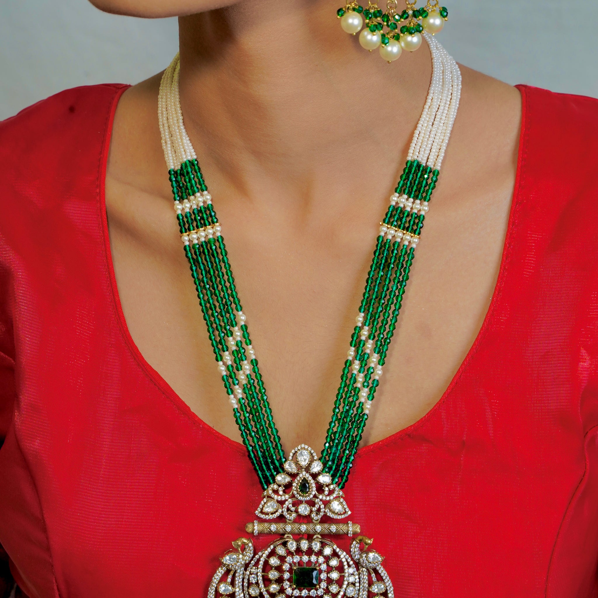 Victorian Green Beaded Peacock Necklace with Crystal Accents
