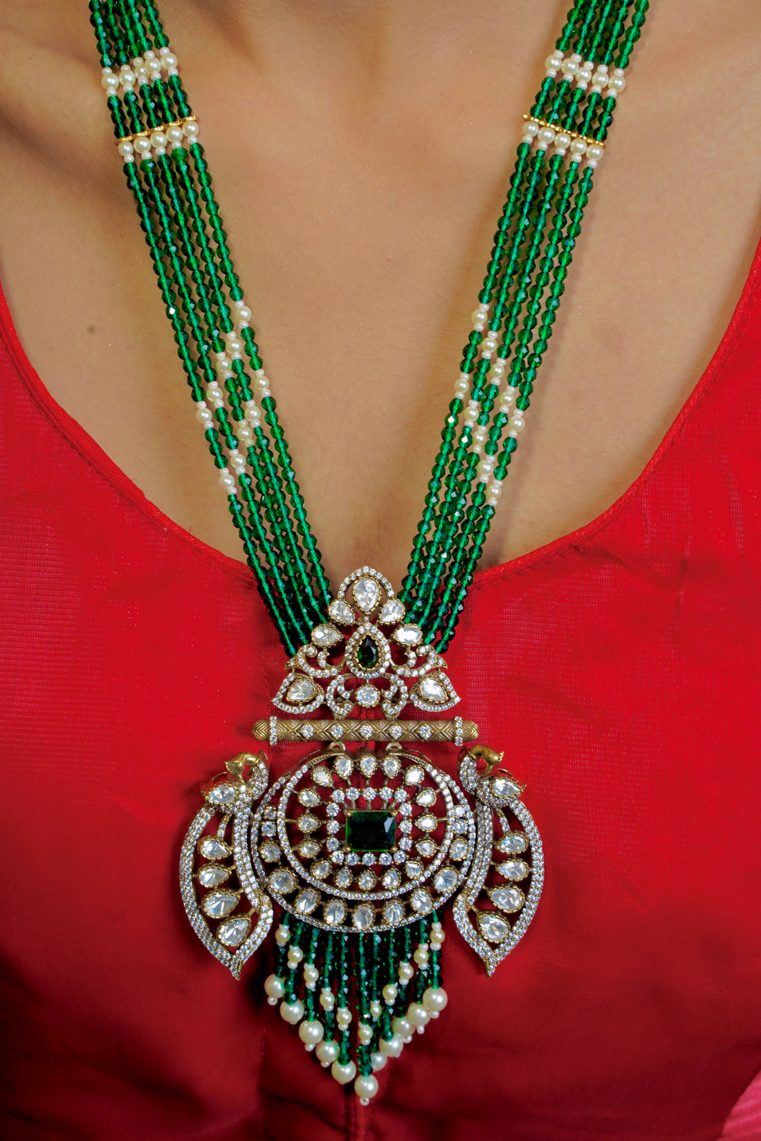Victorian Green Beaded Peacock Necklace with Crystal Accents