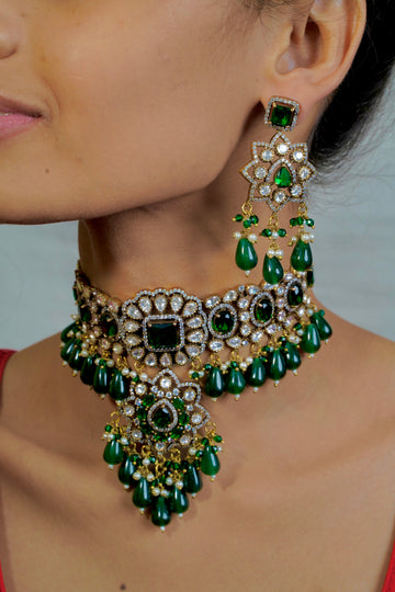 Victorian-Inspired AD Choker Set with Green Stone and Pearl Drops