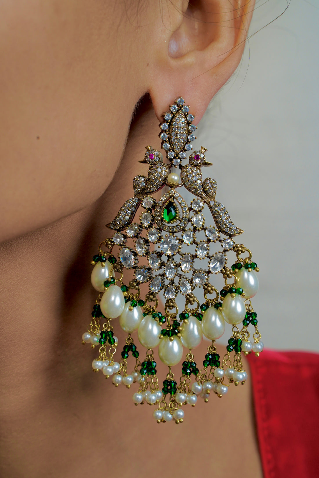 Victorian Peacock Earrings with Crystal Finish & White Beads