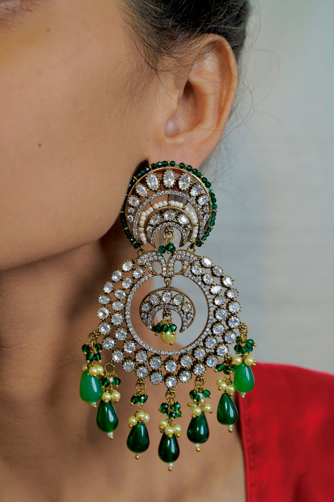 Victorian Green Crystal Earrings with Elegant Bead Accents