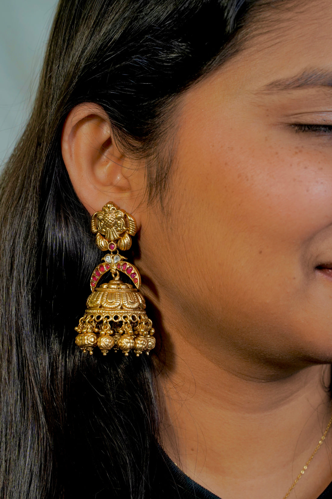 Traditional Jhumka Earrings with Floral Motif, Clear Stones & Golden Beads - Timeless Beauty - Jewels by Meena