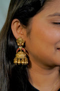 Traditional Jhumka Earrings with Floral Motif, Clear Stones & Golden Beads - Timeless Beauty - Jewels by Meena