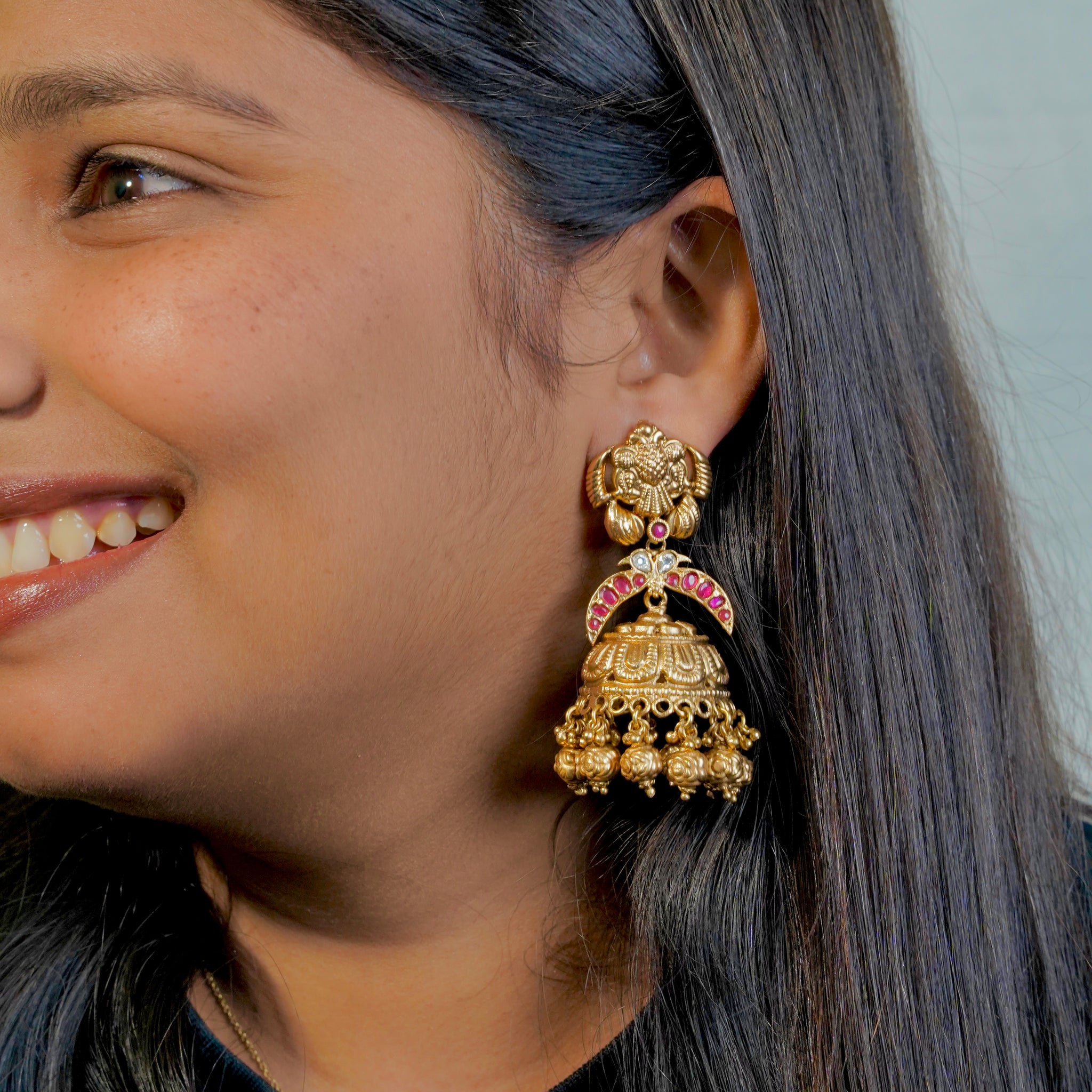Traditional Jhumka Earrings with Floral Motif, Clear Stones & Golden Beads - Timeless Beauty - Jewels by Meena