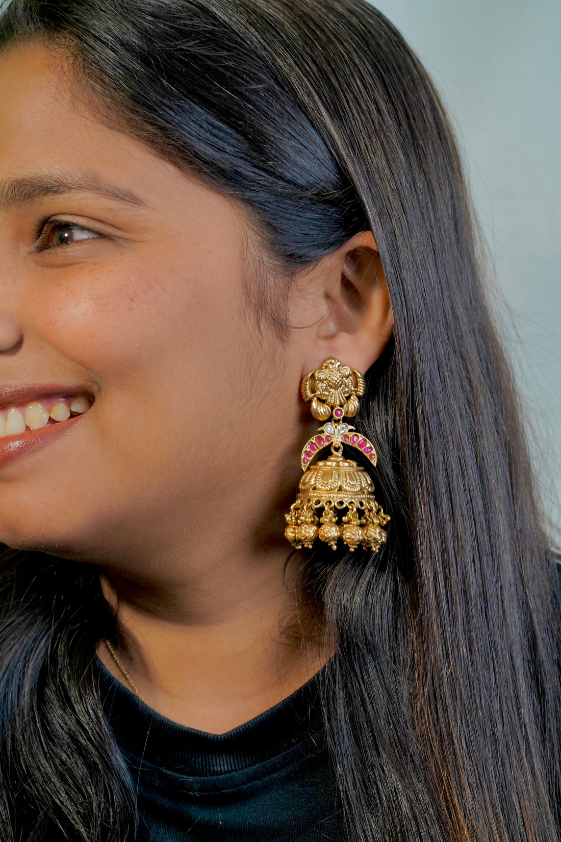 Traditional Jhumka Earrings with Floral Motif, Clear Stones & Golden Beads - Timeless Beauty - Jewels by Meena