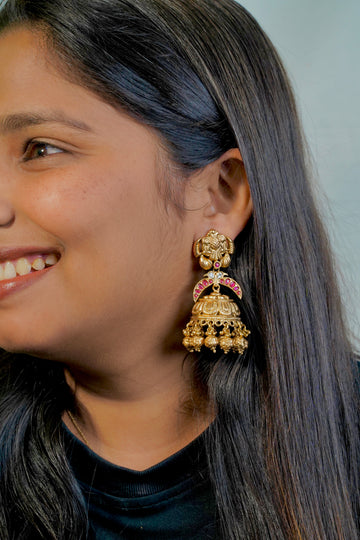 Traditional Jhumka Earrings with Floral Motif, Clear Stones & Golden Beads - Timeless Beauty - Jewels by Meena