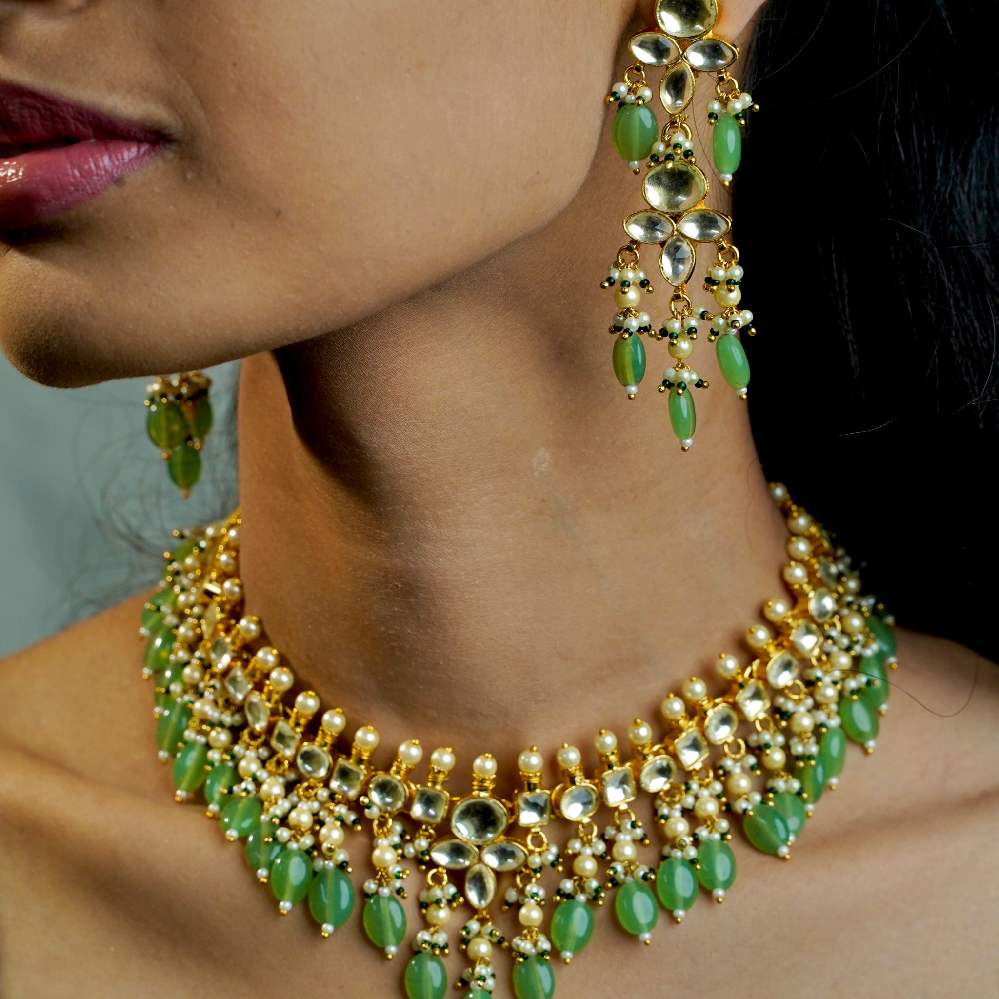 Pastel Bloom – Pachi Kundan Necklace with Pastel Green Beads.
