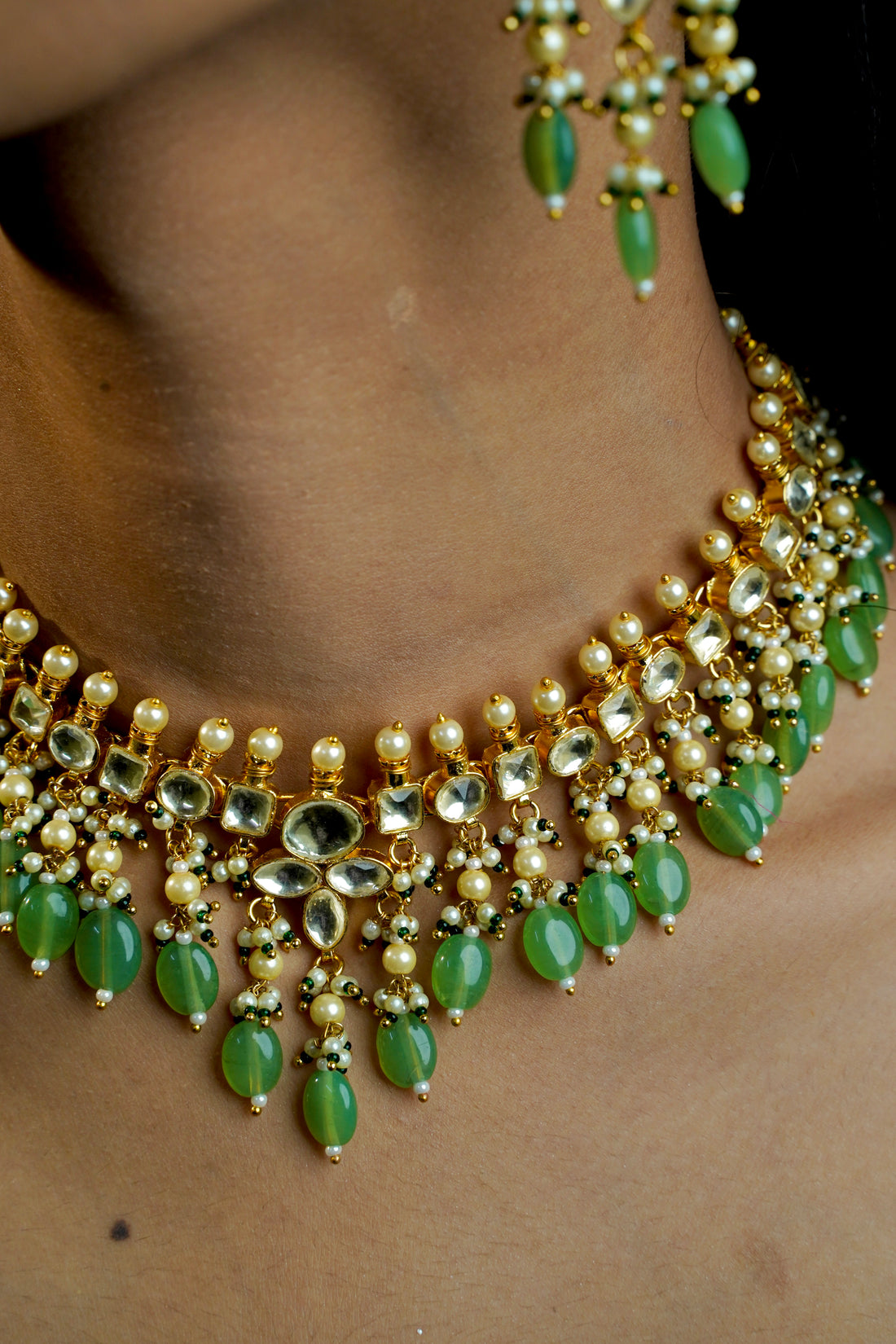 Pastel Bloom – Pachi Kundan Necklace with Pastel Green Beads.