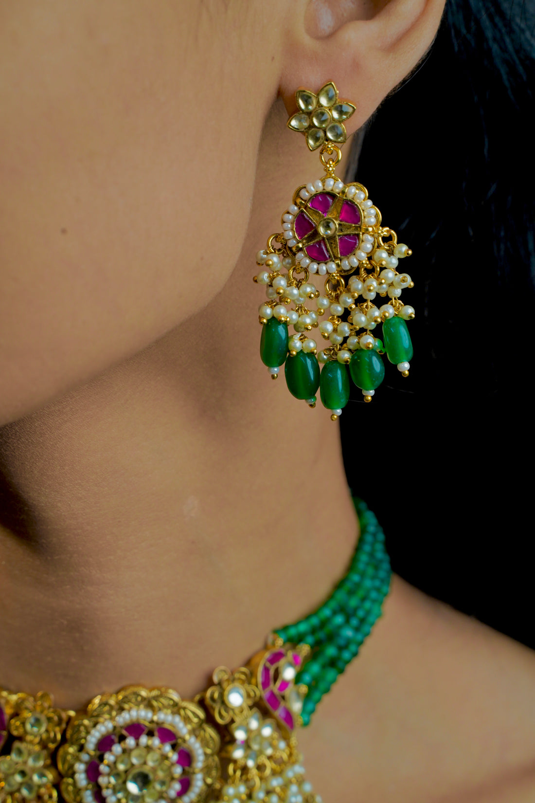 Regal Garden – Pachi Kundan Choker with Green Beads & Peacock Motifs
