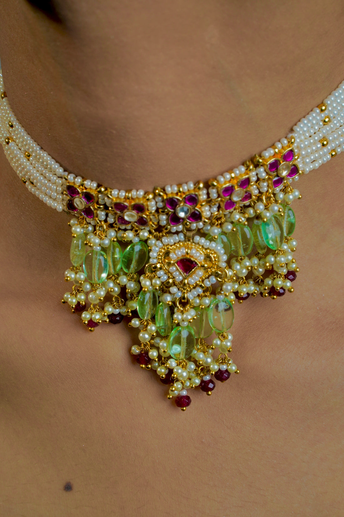 Blush Royale – Red Stone Floral Choker with Pastel Green Beads