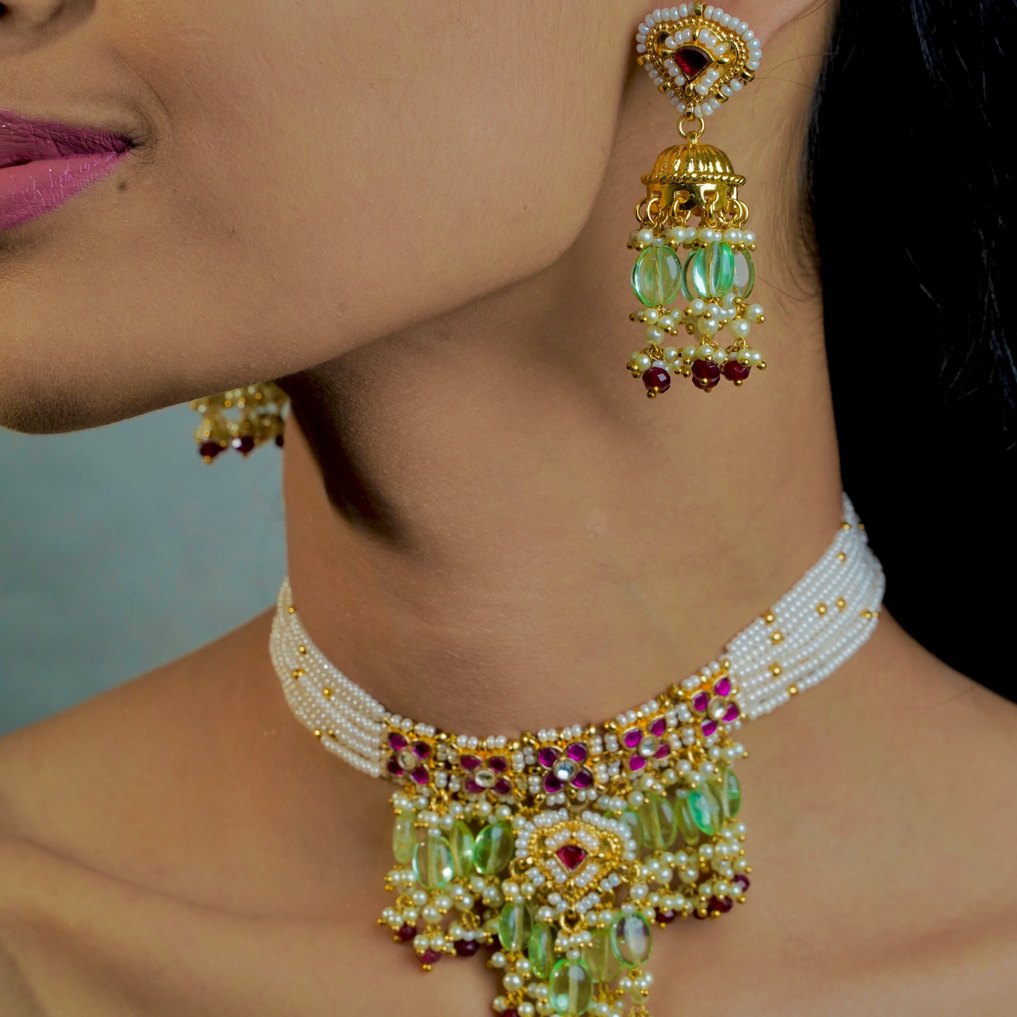 Blush Royale – Red Stone Floral Choker with Pastel Green Beads